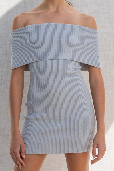 The Aileen Ribbed Mini Dress is perfect for any event with its comfortable yet stylish off the shoulder design and ribbed details. light grey color.