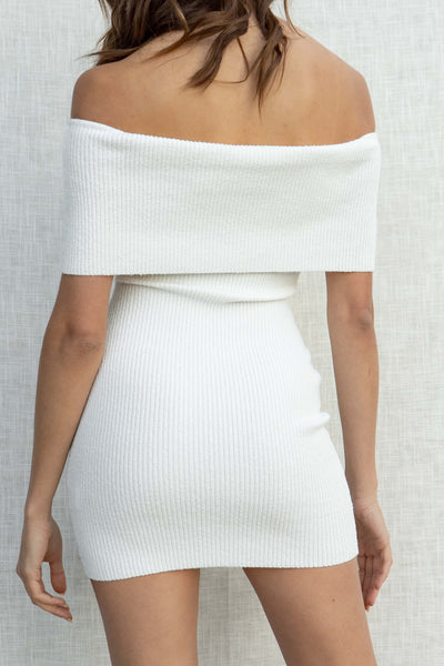 The Aileen Ribbed Mini Dress is perfect for any event with its comfortable yet stylish off the shoulder design and ribbed details. white color.