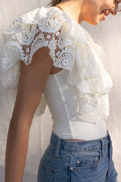 With a fitted silhouette, this versatile bodysuit features crochet and ruffle detailing, crafted for a unique style. white color.