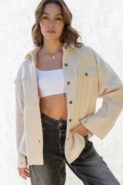 he Mandy Oversized Shirt Jacket - the perfect combination of fashion and functionality. This chic piece features a collared neckline, front button down closure, and front pockets for added convenience. With a relaxed fit and long sleeves, this jacket is both comfortable and stylish
