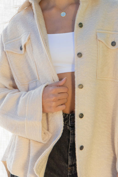 he Mandy Oversized Shirt Jacket - the perfect combination of fashion and functionality. This chic piece features a collared neckline, front button down closure, and front pockets for added convenience. With a relaxed fit and long sleeves, this jacket is both comfortable and stylish