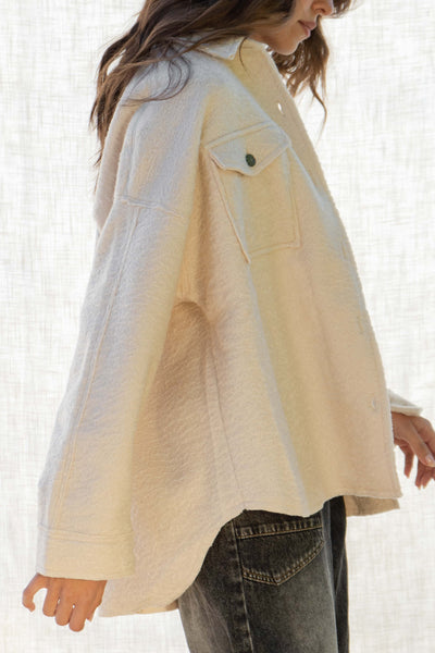 he Mandy Oversized Shirt Jacket - the perfect combination of fashion and functionality. This chic piece features a collared neckline, front button down closure, and front pockets for added convenience. With a relaxed fit and long sleeves, this jacket is both comfortable and stylish