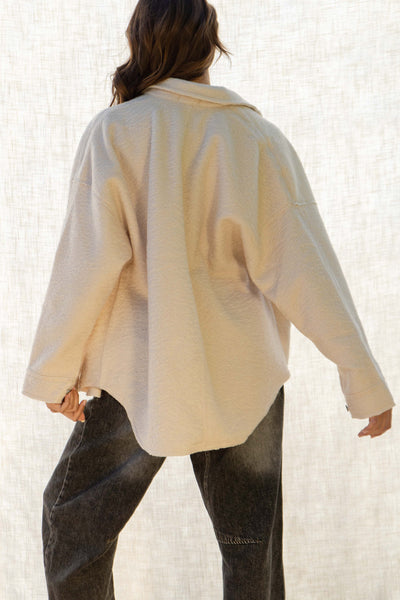 he Mandy Oversized Shirt Jacket - the perfect combination of fashion and functionality. This chic piece features a collared neckline, front button down closure, and front pockets for added convenience. With a relaxed fit and long sleeves, this jacket is both comfortable and stylish