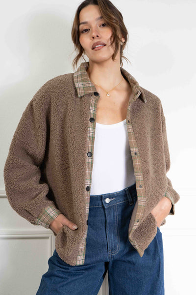Plaid Contrast Sherpa Jacket