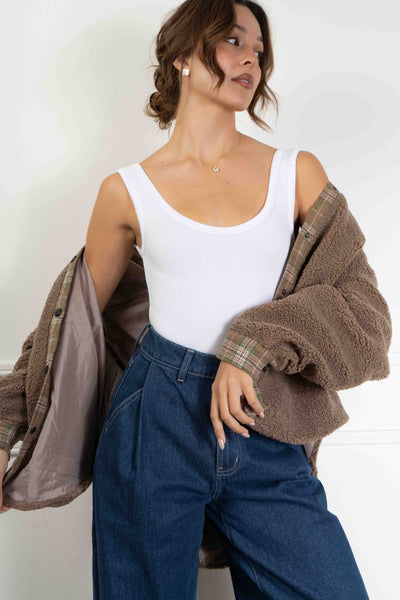 Plaid Contrast Sherpa Jacket