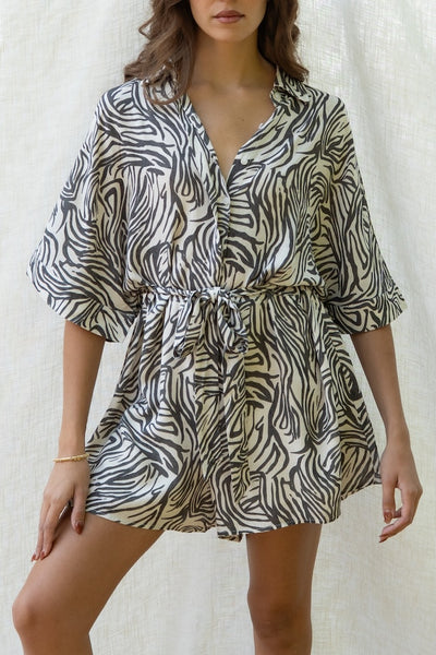 Zebra Print Belted Romper