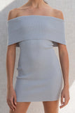 The Aileen Ribbed Mini Dress is perfect for any event with its comfortable yet stylish off the shoulder design and ribbed details. light grey color.