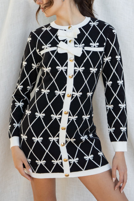 Bow Print Knit Mini Dress