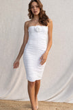 This elegant strapless dress features sophisticated ruching details and a unique rose detail for an eye-catching look. ivory color.