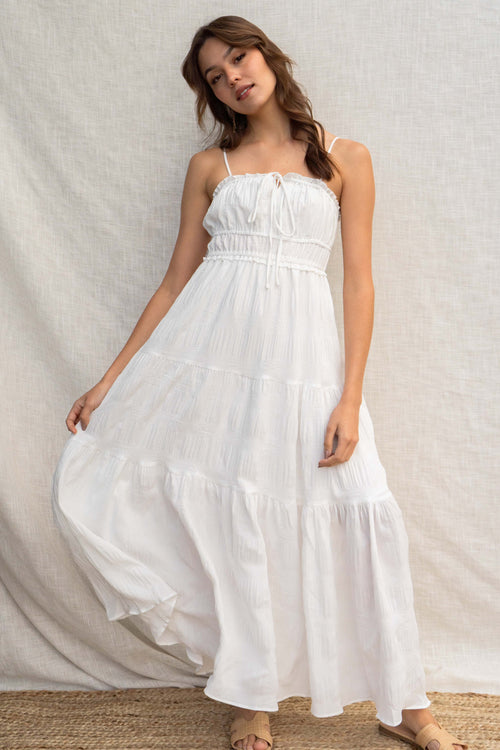 With a comfortable fit, thin straps, and a tie front neckline, it's the perfect blend of fashion and comfort. The smocking bodice and tiered skirt add flair to this must-have piece.