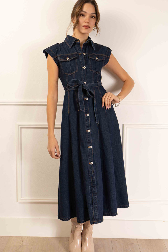 Jen Belted Denim Midi Dress