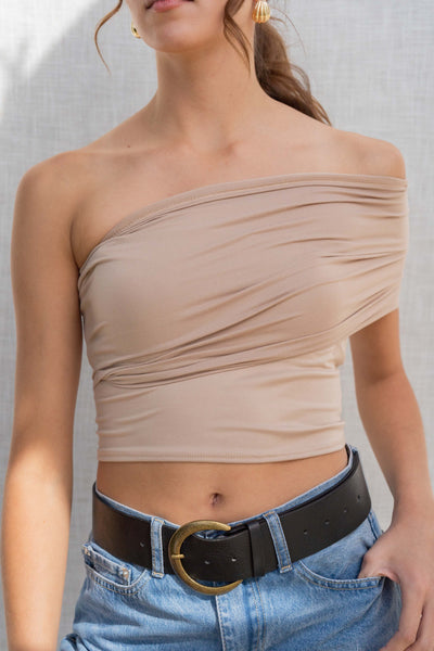 Multi Way Crop Top - perfect for any spring occasion! With its tight fit and the ability to be worn multiple ways. mocha color.