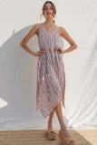 this dress features thin straps and a tie waist band for a super relaxed fit. With its fun stripe print.