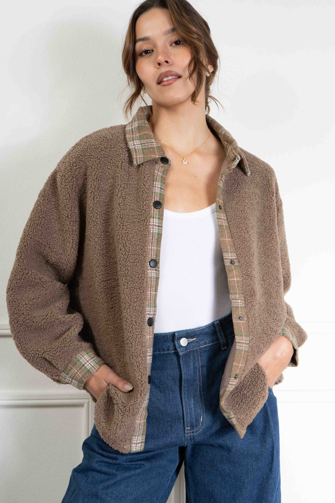 Plaid Contrast Sherpa Jacket