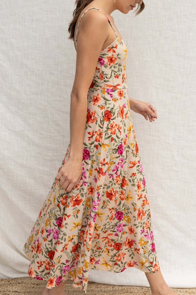This playful dress features thin straps, a square neckline, and a bold floral print. The fitted bodice flatters your figure while the midi length makes it perfect for day wear.