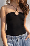 This ribbed, fitted bodysuit features a playful halter neckline and beaded details. black color.