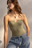 This ribbed, fitted bodysuit features a playful halter neckline and beaded details. olive color.