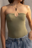 This ribbed, fitted bodysuit features a playful halter neckline and beaded details. olive color.