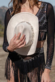 These cowgirl hat feature a tall cap, bent detail brim, and a silver and a turquoise pendant attached