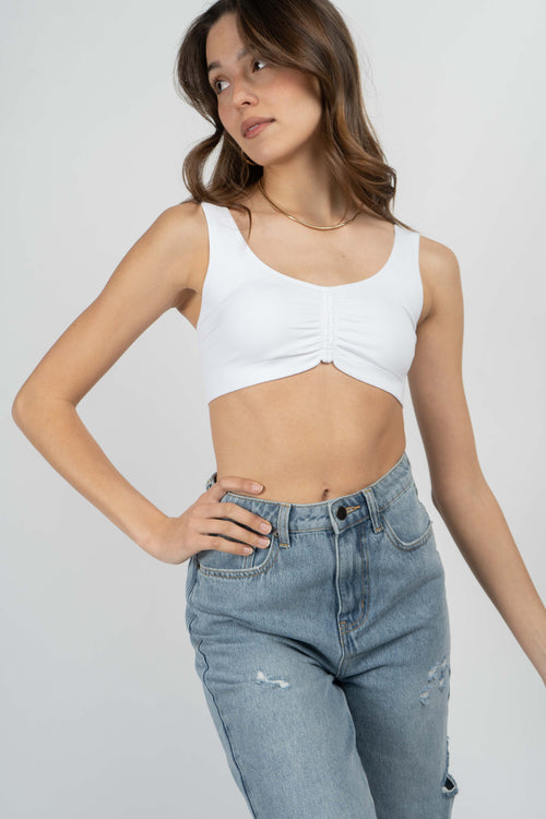 The Kylie Shirred Bralette is designed with soft, ribbed fabric for optimal comfort and style.